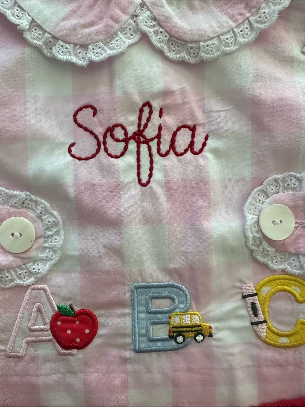 Pink Gingham Embroidered Name Top & Red Bloomers Kids Set